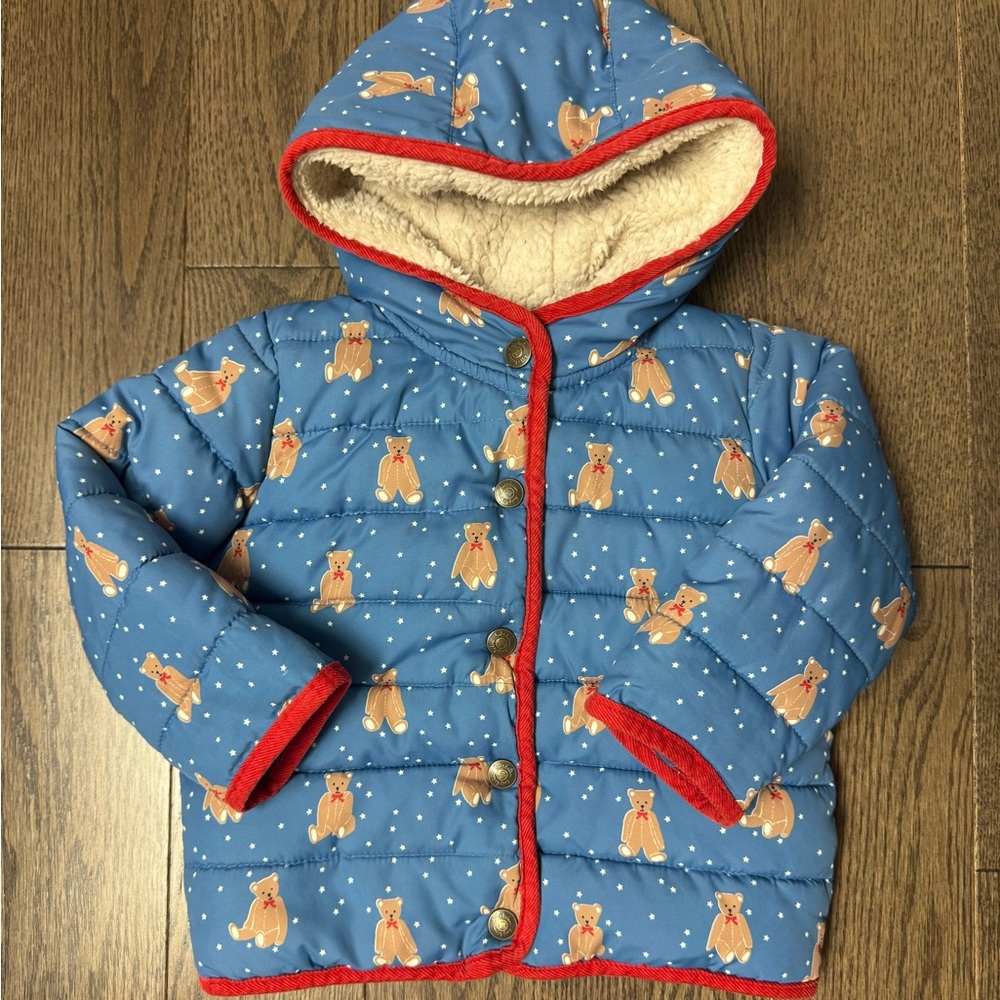 Baby Boden Blue Teddy Bear Lined Coat with Red Trim size 18/24m